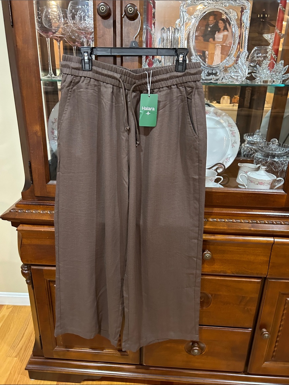 HALARA Womans Drawstring Linen Pants- Brown